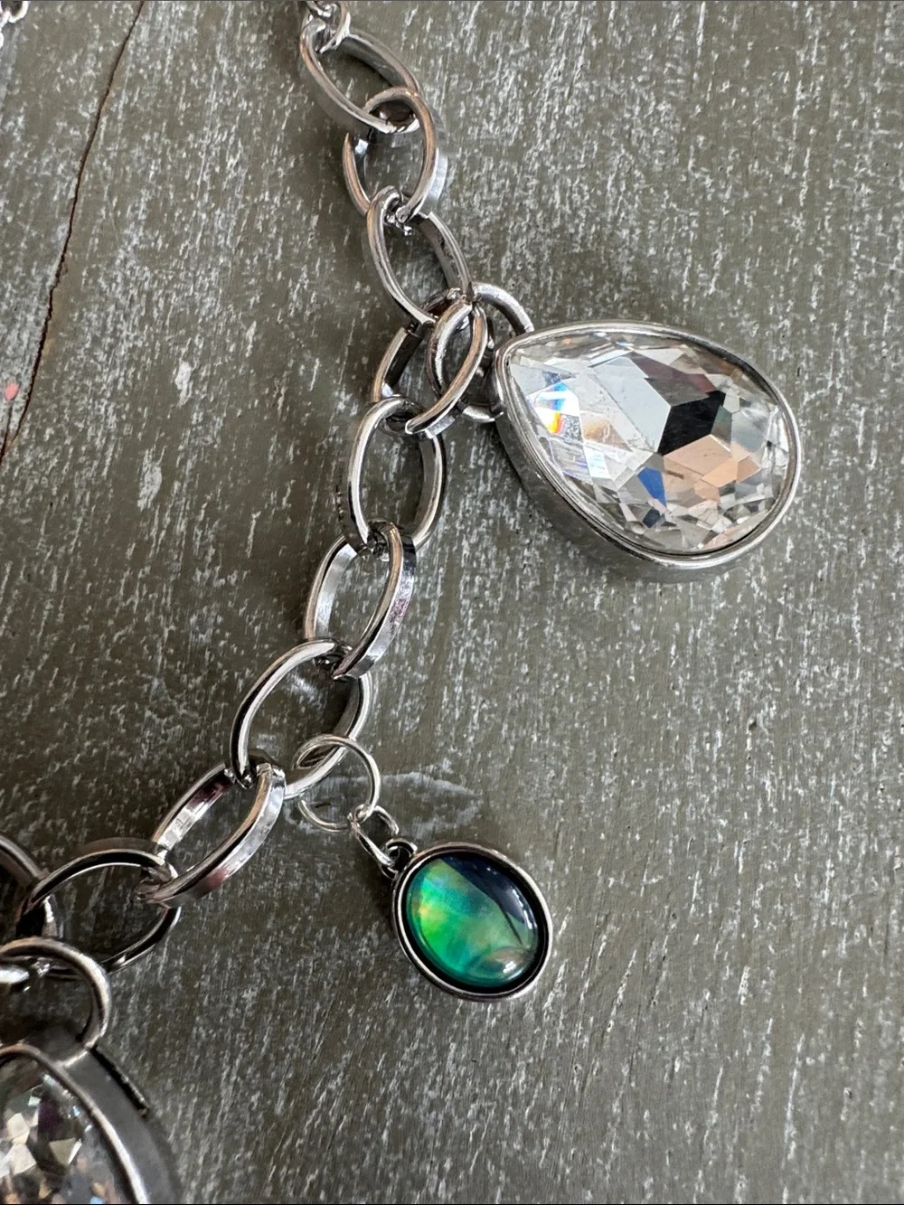 Silver-tone Teardrop Charm Bracelet with Clear Crystals and Iridescent Accents